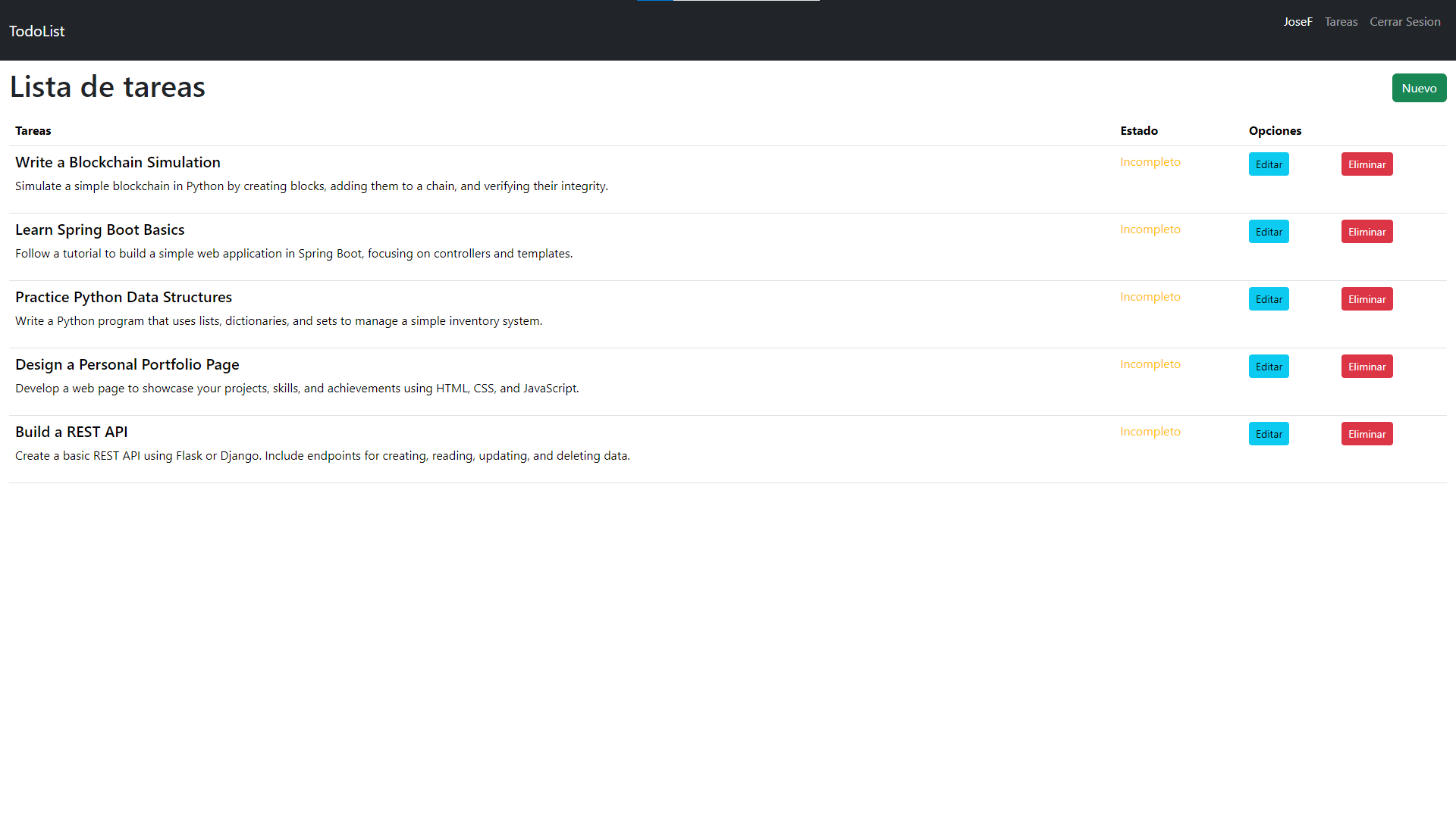 Captura de la app web de tareas en Flask.